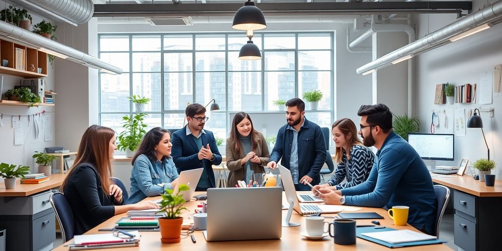 Modern workspace with entrepreneurs collaborating on startup ideas.