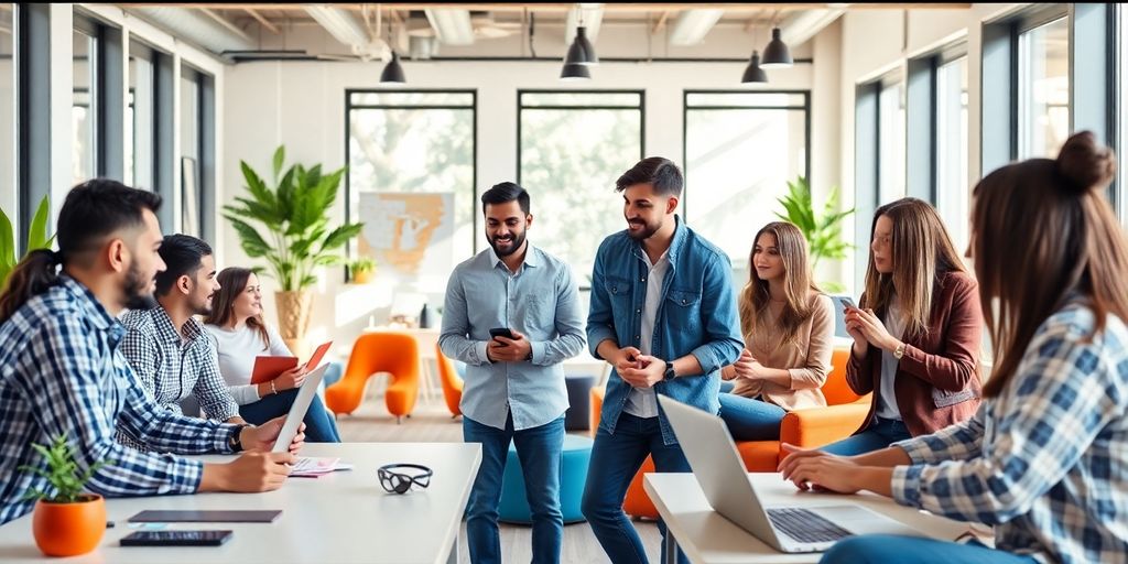 Entrepreneurs collaborating in a modern startup workspace.