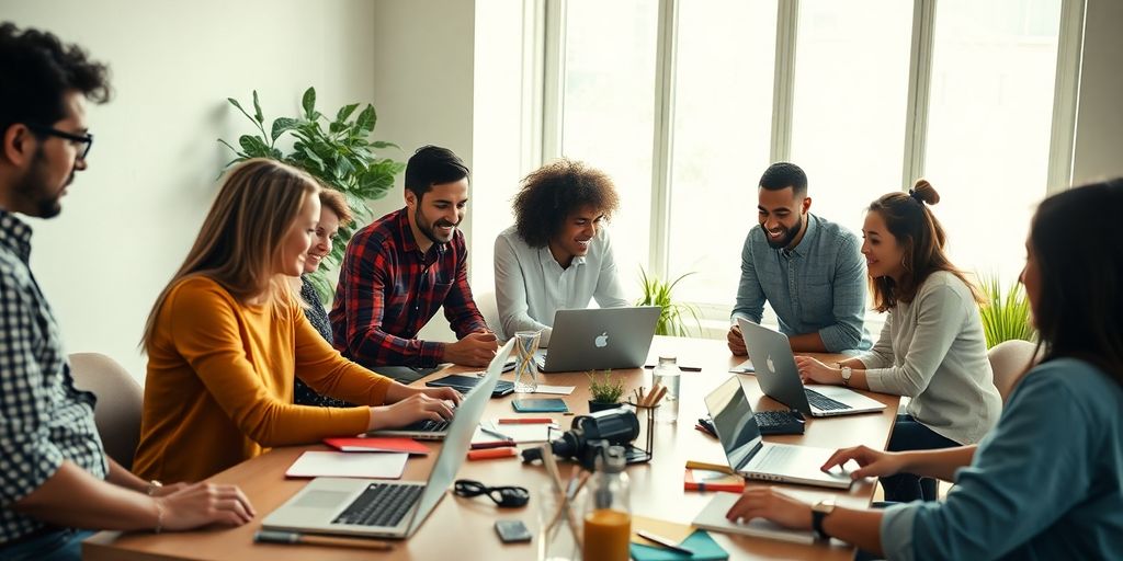 Diverse team brainstorming in a modern startup workspace.