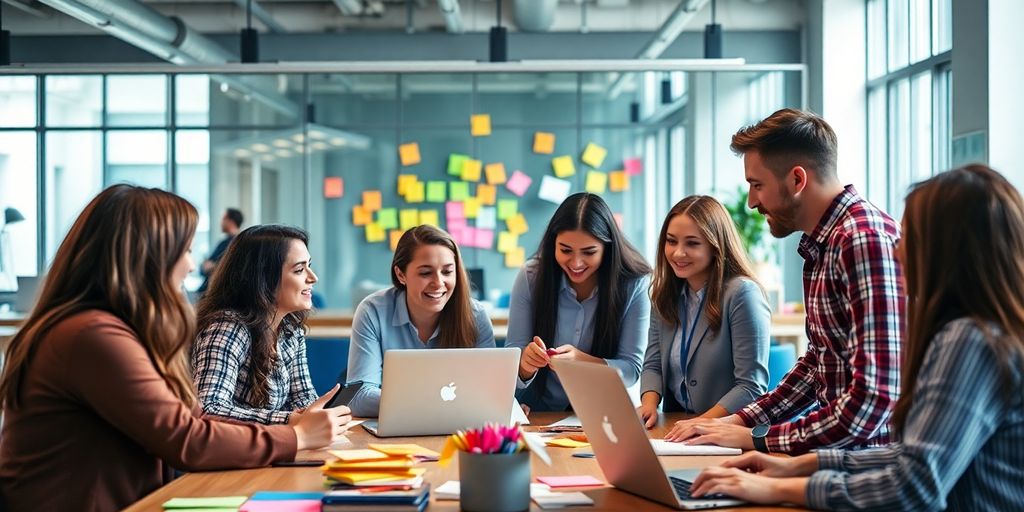 Entrepreneurs collaborating in a modern workspace.