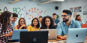 Diverse team collaborating in a vibrant startup workspace.