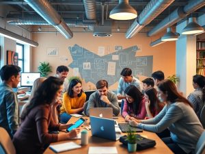 Spațiu de lucru modern pentru startup-uri, oameni colaborând.