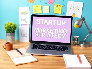 Birou creativ cu laptop și materiale de brainstorming.