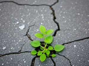 Plant crește prin asfalt, evocând sustenabilitate și inovare.