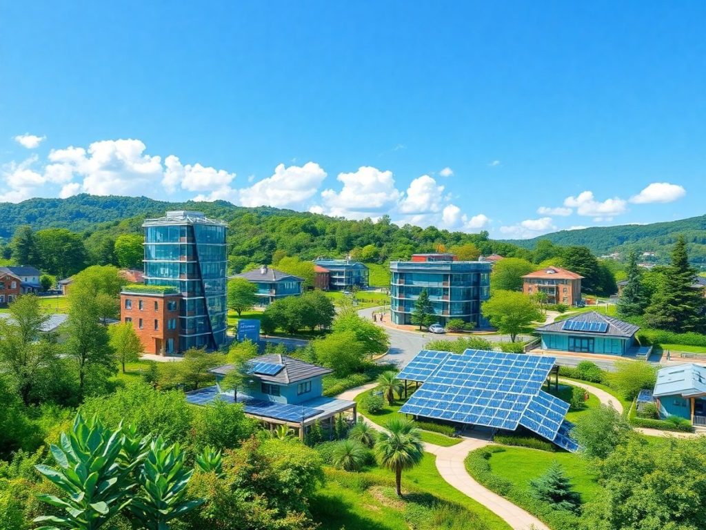 Peisaj urban sustenabil cu clădiri verzi și natură.