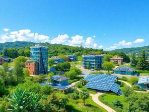 Peisaj urban sustenabil cu clădiri verzi și natură.