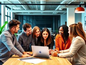 Antreprenori discutand in birou modern.