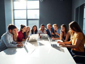 Oameni zâmbitori la birou modern vibrant.