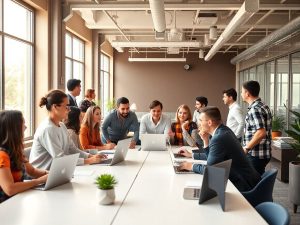 Birou startup aglomerat cu oameni colaborând