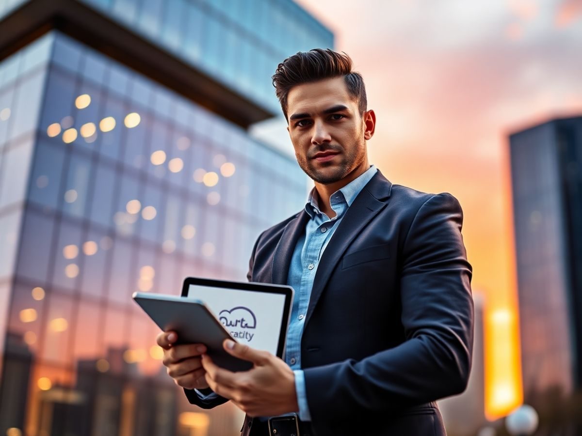 Antreprenor încrezător, afacere premium, succes tehnologic.