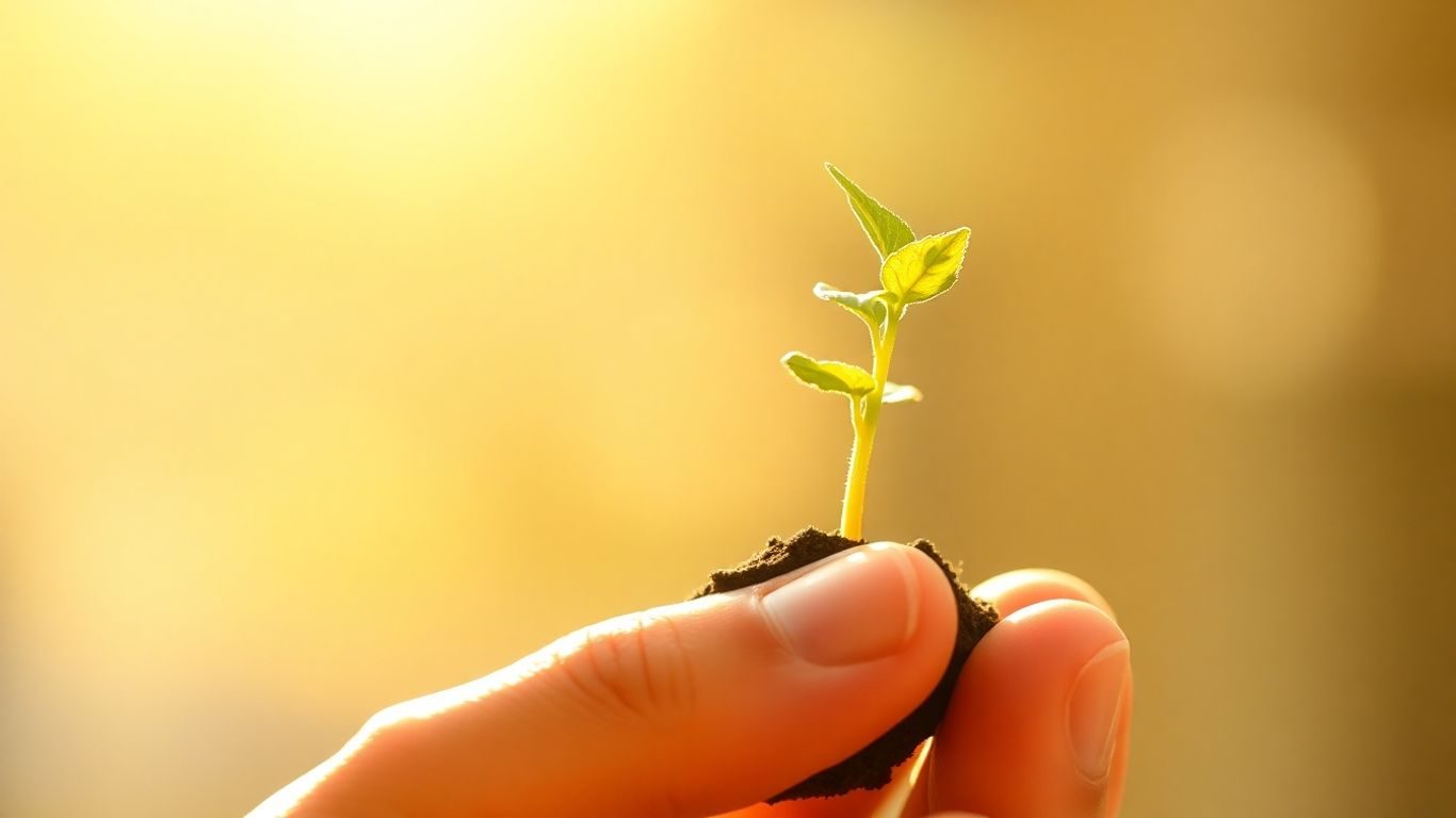 Mână ținând o plantă tânără, simbolizând idei noi.