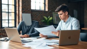 Două persoane analizează documente juridice la birou tech.